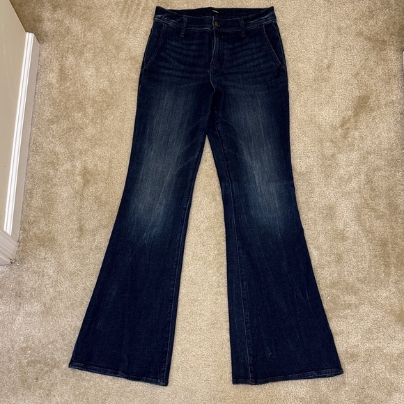 Express Denim - Express| Women's 70s Flared Mid-Rise Jeans - Dark Blue